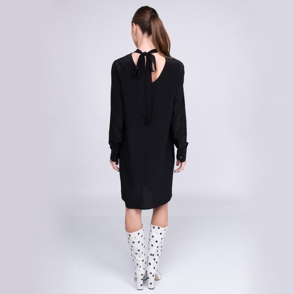 8 Black S 100% Silk Shift Dress Low Open-Back Tie Bow Made in Italy Knee Office - Picture 5 of 14